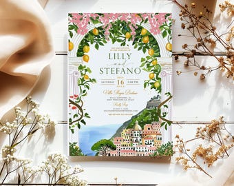 May include: A rectangular wedding invitation card featuring a painted archway adorned with pink bougainvillea and yellow lemons. The text reads: You are invited to the wedding of Lilly and Stefano, July 16, 5:00 PM, Villa Magia Positano, Italy.