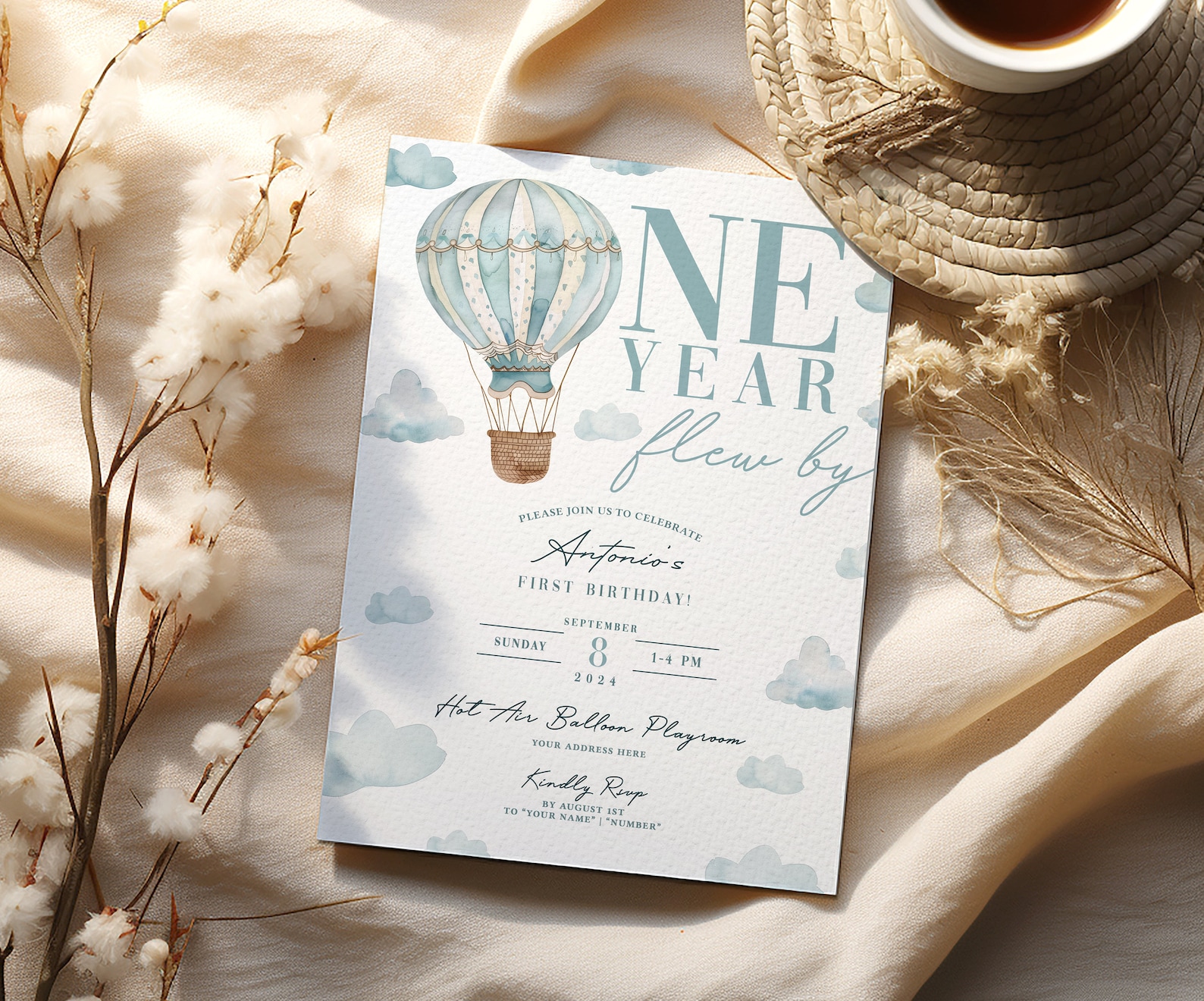 Max Air Invitations Watercolor Hot Air Balloon First Birthday Invitation (digital Download ...