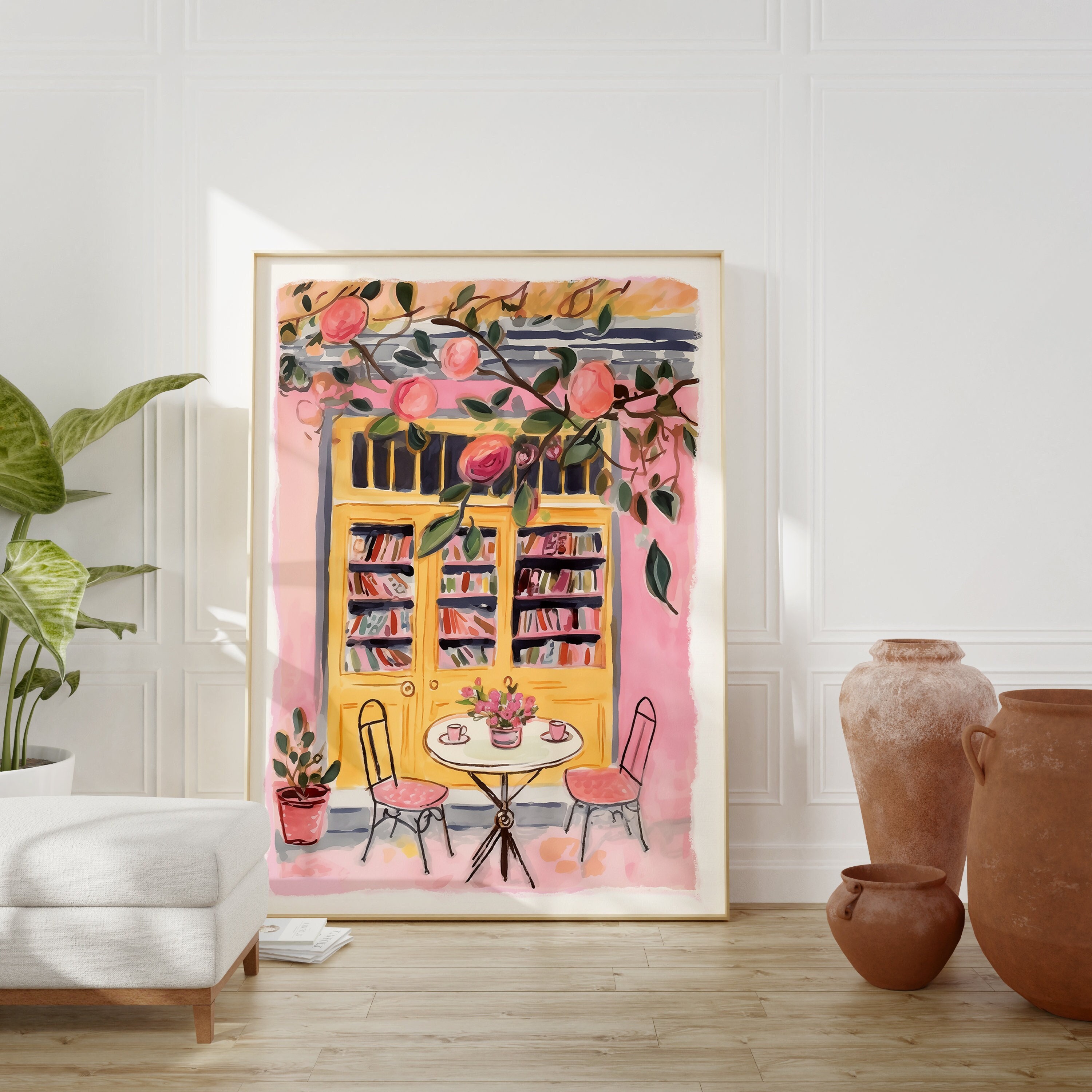 Pink Cafe Bookshop DIGITAL Printable Bookworm Wall Art, Bookshop Print ...