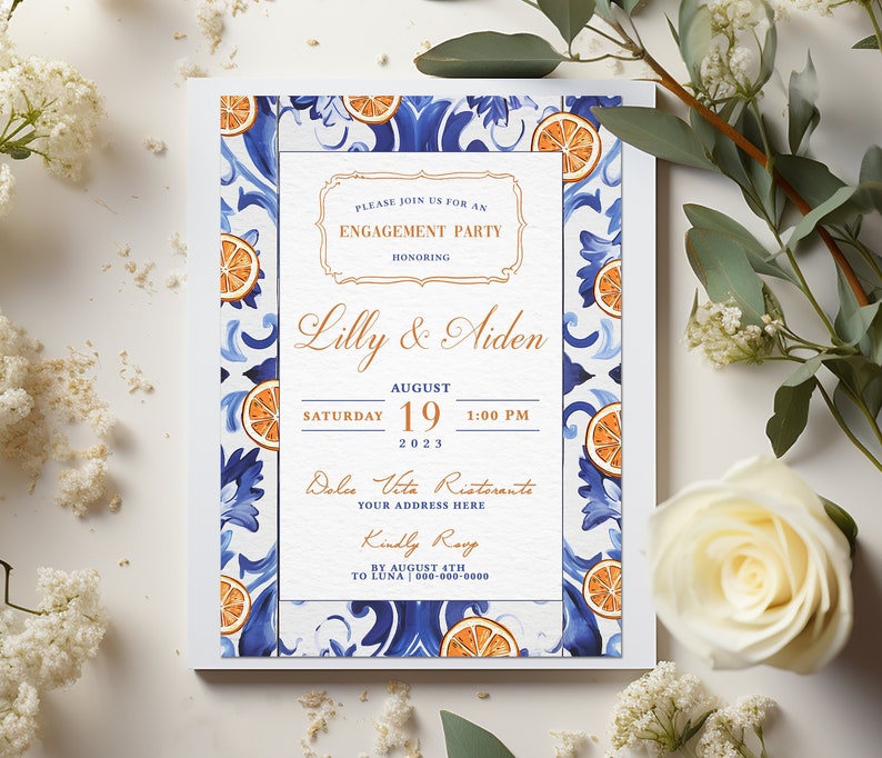 Italian Blue & White Majolica Tile Engagement Party Invite, Trendy Oranges Italian Theme Invite, Retro Hand Drawn Invite, Bridal Shower image 1