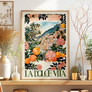 La Dolce Vita Italy Painted Printable DIGITAL Art,Retro Colorful Oranges Amalfi Coast Wall Art Print,Whimsical Watercolor Travel Poster Gift