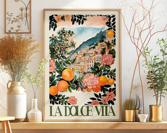 La Dolce Vita Italy Painted Printable DIGITAL Art, Retro Colorful Oranges, Amalfi Coast Wall Art, Italian Travel Poster, Home Decor Gift