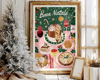 Puede incluir: Una ilustración festiva de una mesa de cena navideña con un mantel rosa, que presenta un panettone, una tarta, una copa de vino y otras golosinas navideñas. El texto "Buon Natale" está escrito en una fuente festiva en la parte superior de la ilustración.