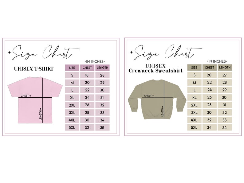 May include: Size chart for unisex t-shirts and crewneck sweatshirts. The chart shows the chest and length measurements in inches for sizes S through 5XL.