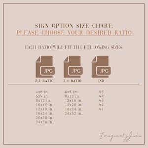 May include: A beige sign with text detailing print size options. The chart lists sizes in inches for 2-3, 3-4, and ISO ratios, including 4x6, 6x8, and A5. The text "PLEASE CHOOSE YOUR DESIRED RATIO" is at the top.