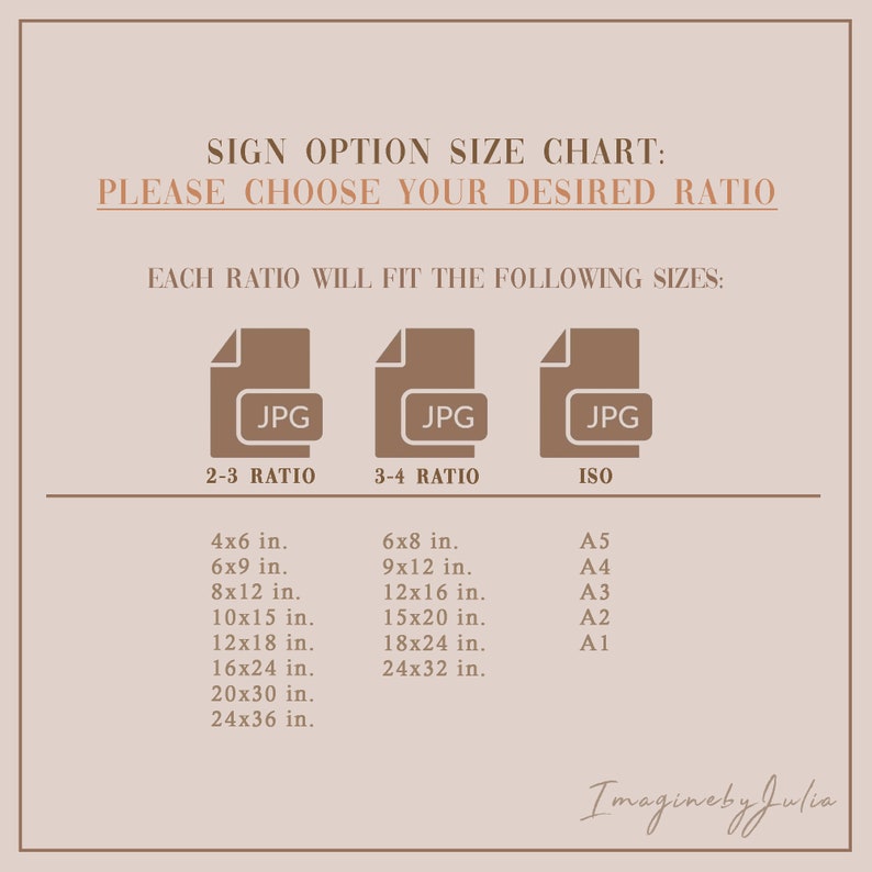 May include: A beige sign with text detailing print size options. The chart lists sizes in inches for 2-3, 3-4, and ISO ratios, including 4x6, 6x8, and A5. The text "PLEASE CHOOSE YOUR DESIRED RATIO" is at the top.
