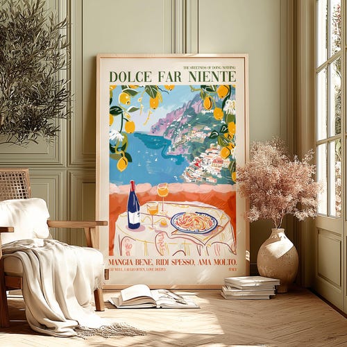 Poster Côte amalfitaine italienne : pâtes, vin et citation « Dolce Far Niente »