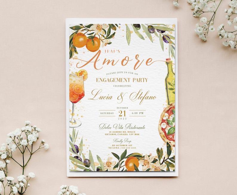 Italian Style Engagement Party Invite, Italy Themed Invite, Spritz and Pizza Invite, That's Amore, Engagement Party Invitation, Italian Love image 1