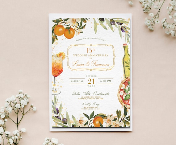 Italian Anniversary Invitation: Custom Milestone, Spritz & Pizza (Digital Download)