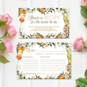 Digital Printable Recipe Card, Italian Theme Pizza and Spritz Bridal Shower Recipe Card, Italy Oranges, Italy Food Recipe, Painted Recipe
