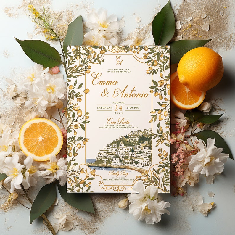 Vintage Puglia Italy Wedding Invitation Design, Italian Wedding