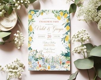 May include: A rectangular engagement party invitation card featuring a watercolor border of yellow lemons and green leaves. The text reads: Please join us for an engagement party celebrating Violet & Giorgio, Saturday July 20, 6:00 PM, Trattoria Stellina, 123 Via Della Luna, Firenze, Italia 50123, Kindly Respond by July 1st to Luna | 111-222-3333.