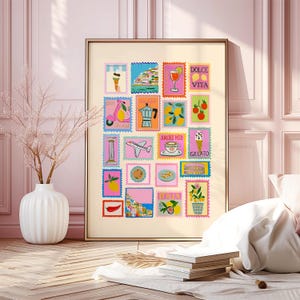 Italienische Briefmarken Kunstdruck, Bunte Retro Wand Dekoration mit Zitronen & Gelato, Vintage Italien Reise Poster für Küche, Studio oder Geschenk