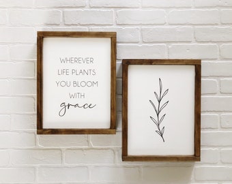 Wherever Life Plants You Bloom With Grace Botanical Set | Wood Sign | Modern Farmhouse Wood Sign | Simple Botanical Decor | FREE SHIPPING