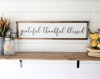 Grateful Thankful Blessed | Framed Painted Wood Sign | 9"x36" | Wall Decor | Wood Signs | Fall Decor Thanksgiving Signs | FREE SHIPPING