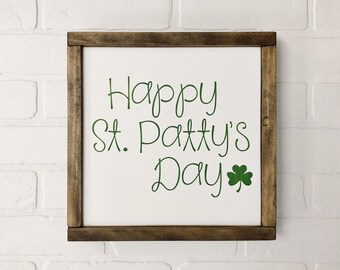 Happy St. Patty's Day Shamrock Wood Sign | 12" or 18" square | Modern Farmhouse Holiday St Patrick's Day | Choose Colors | FREE SHIPPING