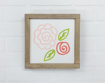 Flowers with Green Leaves Spring Floral Wood Sign | 9" or 12" square | Modern Farmhouse Girl's Room Decor | Choose Colors | FREE SHIPPING
