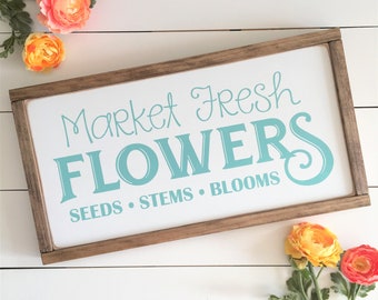 Market Fresh Flowers Wood Sign | 12"x22" | Farmhouse Cottage Style Framed Painted Wood Sign Spring Summer Decor | FREE SHIPPING