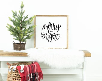 Merry & Bright | 18" square | Modern Farmhouse Wood Signs | Merry Christmas  Holiday Decorations | FREE SHIPPING