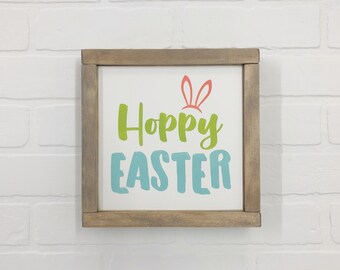 Hoppy Easter with Bunny Ears Spring Wood Sign | 9" or 12" square | Modern Farmhouse Easter Bunny Decor | Choose Colors | FREE SHIPPING