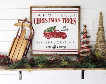 2'x2' Christmas Tree Farm | Modern Farmhouse Wood Signs | Retro Vintage Red Truck with Tree | Christmas Holiday Decorations | FREE SHIPPING