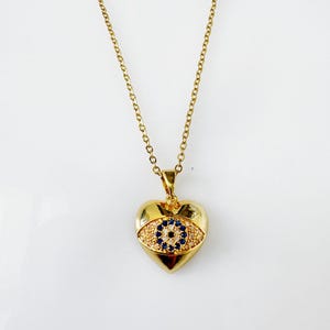 Gold Heart Evil Eye Necklace – Cubic Zirconia Pendant, Tarnish Resistant Chain, Dainty Protective Jewelry