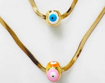 Evil Eye LARGE Gold Cube Handpainted Herringbone Snake Chain Necklace Nazar Necklace Protection Eye Mati Bracelet Turkish Eye