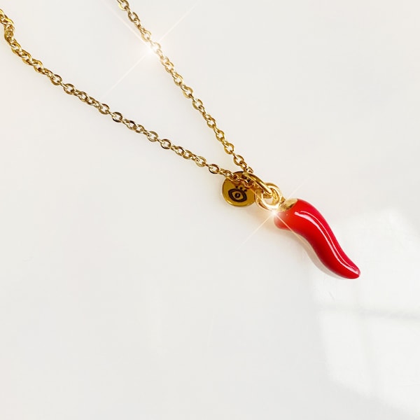 Collier mauvais œil piment rouge maloccio cornicello, collier à breloques italiennes, collier de protection, collier en corne