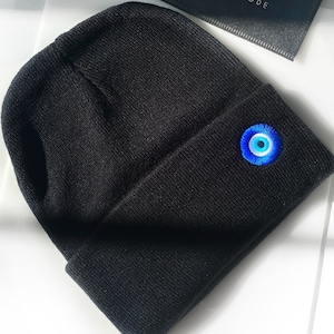 Evil Eye Black Beanie Embroidered Hat, Unisex Hat Gift Nazar Mati Apparel