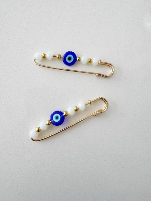 Evil Eye Safety Pin Charm – Gold & White Beaded Protection Pin Bridal Shower Baby Gift