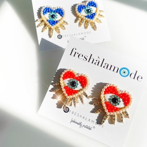 Evil Eye Heart Beaded Earrings Crystal Valentine Evening Studs