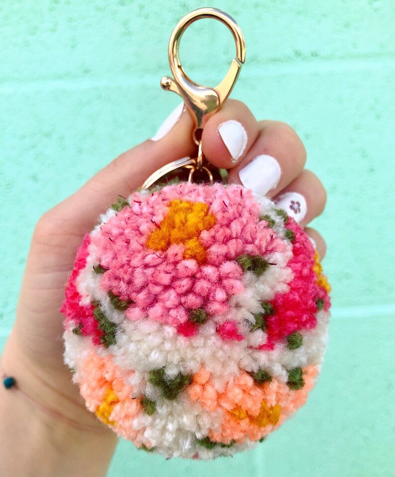 Floral Pom Pom Keychain Two Sizes Customizable Bulk Pom Etsy
