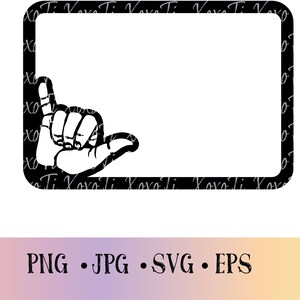 May include: Black and white graphic of a hand making the shaka sign, inside a black square frame.