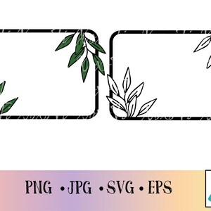 May include: Two black rectangular frames with green and white leaf designs in the corners.