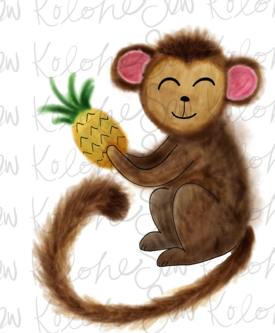 Hand-drawn Watercolor Monkey With Pineapple Digital File, Sublimation ...