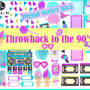 May include: A digital sticker pack with a 90s theme. The stickers feature a variety of images, including a boombox, a Tamagotchi, a troll doll, a cassette tape, and a VHS tape. The stickers are in a variety of colors, including pink, blue, yellow, and green. The text "Throwback to the 90's!" is written in pink letters on a yellow background.
