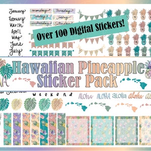 May include: A digital sticker pack with a Hawaiian theme featuring pineapples, palm leaves, and the text "Aloha". The pack includes over 100 stickers, including numbers, days of the week, months of the year, and various patterns.