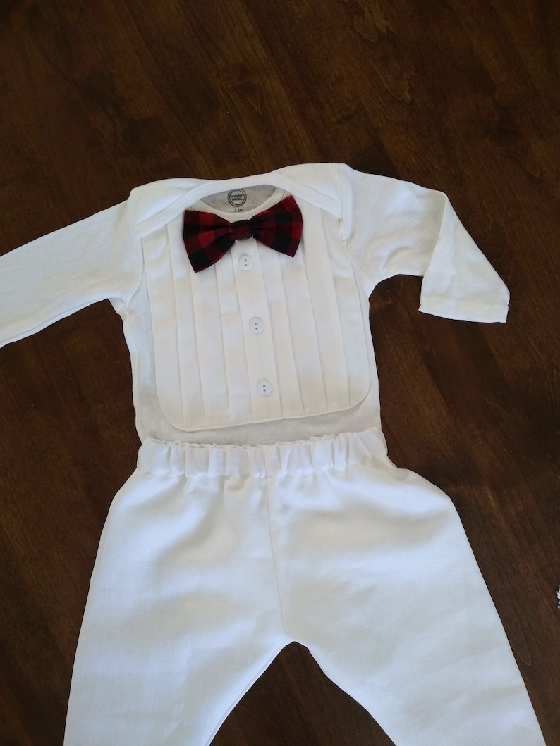 white tux Baby boy blessing outfit boy christening outfit buffalo plaid bow tie baptism suit baby boy christening white baby boy suit