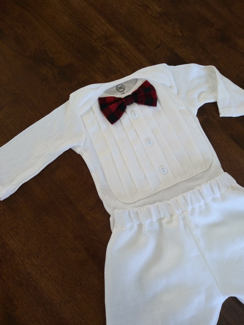 white tux Baby boy blessing outfit boy christening outfit buffalo plaid bow tie baptism suit baby boy christening white baby boy suit
