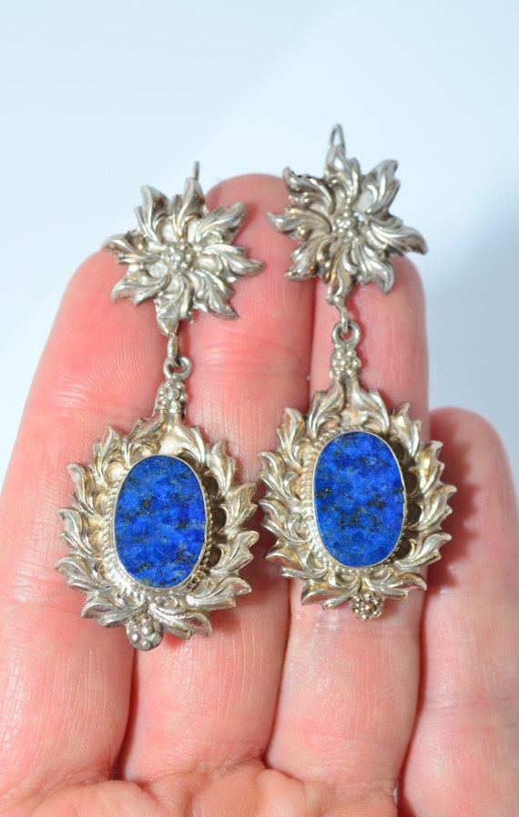 Vintage Sterling Silver Blue Lapis Floral Design … - image 3