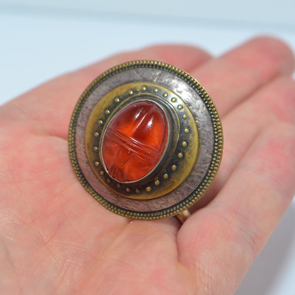 Vintage Tabra Signed Amber Scarab Sterling Silver Ring