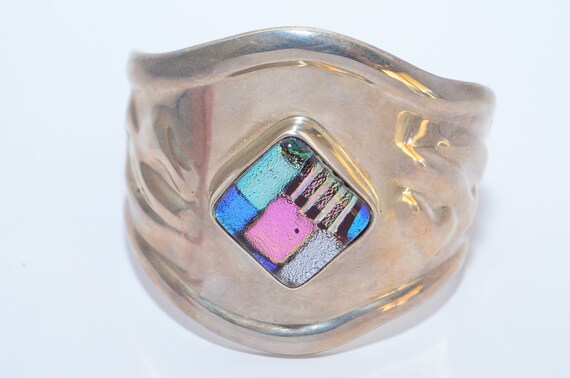 Massive Mexico Sterling Silver Art Glass Cuff Bra… - image 1