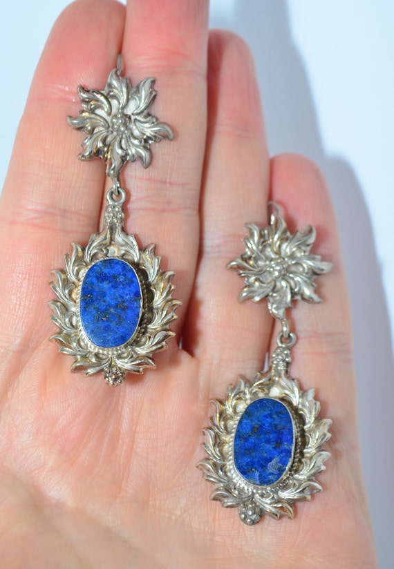 Vintage Sterling Silver Blue Lapis Floral Design … - image 2