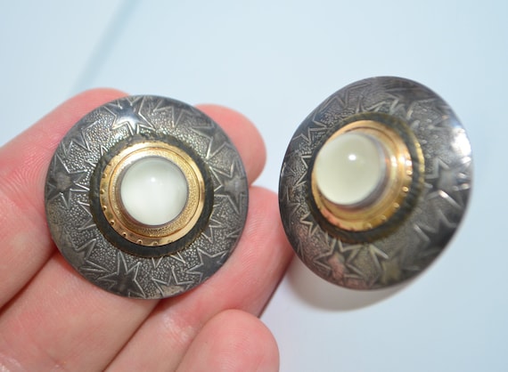 Vintage Tabra Signed Moon Stone Sterling Silver Gold Stud Earrings