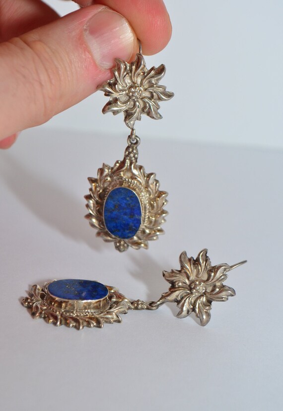 Vintage Sterling Silver Blue Lapis Floral Design … - image 4