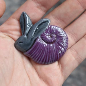 Handmade Medieval Snail Rabbit Fridge Magnet Polymer Clay Folk Art Creature Grey Purple