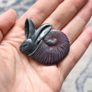 Handmade Medieval Hare Snail Fridge Magnet Polymer Clay Folk Art Creature Grey Purple Rabbit