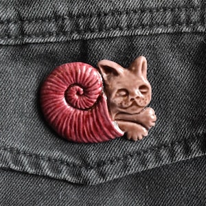 Medieval Cat Snail Brooch Handmade Polymer Clay Creature Folk Art Red Brown