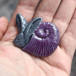 Handmade Medieval Hare Snail Fridge Magnet Polymer Clay Folk Art Creature Grey Purple Rabbit