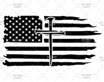 May include: A distressed American flag with a black cross in the center. The cross is made of nails, with the nail heads forming the ends of the cross.
